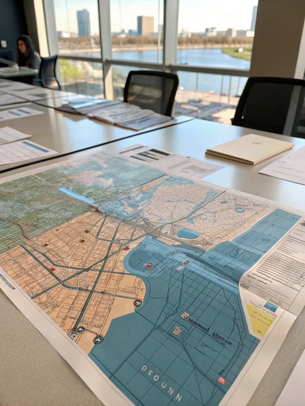 A city map with infrastructure overlays, including roads, utilities, and zoning information, representing Atlas Geo Technologies' Municipal Infrastructure Overlays service.