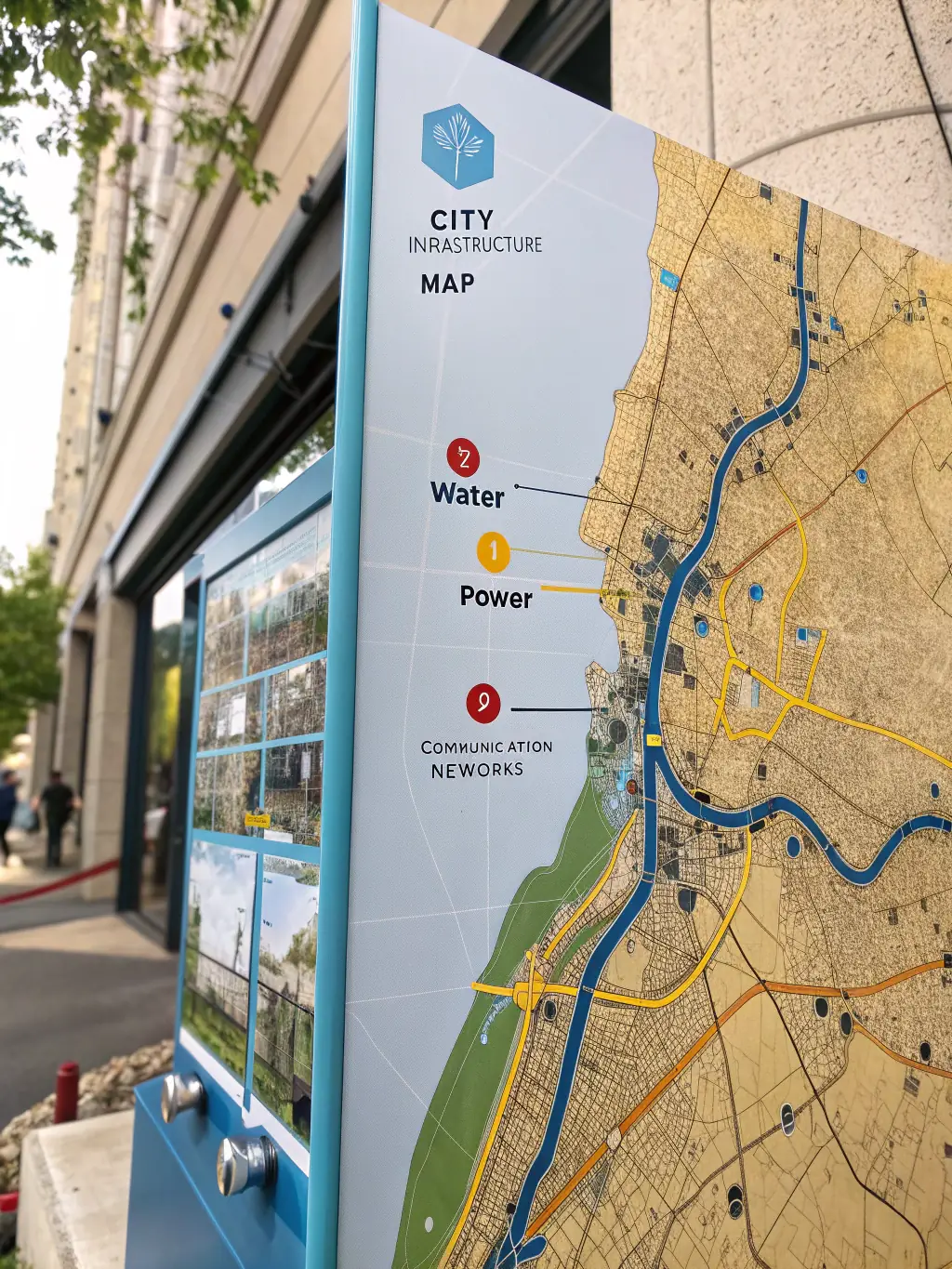 A detailed map of a city's infrastructure, highlighting water pipes, power lines, and communication networks, demonstrating Atlas Geo Technologies' municipal infrastructure overlay technology.