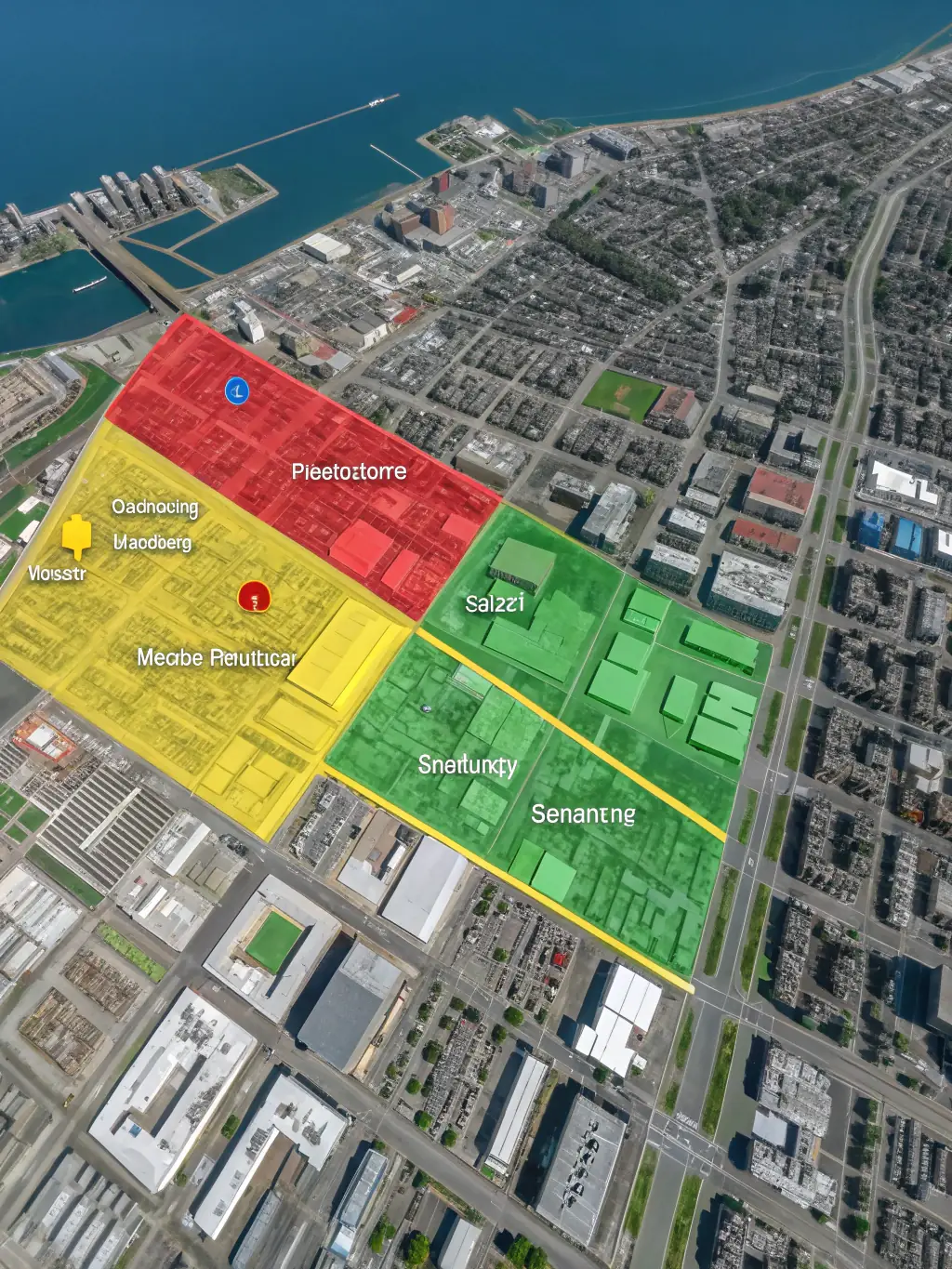A high-resolution satellite image showing a city during a simulated emergency, with color-coded zones indicating different levels of risk and response priority, used to illustrate Atlas Geo Technologies' emergency response mapping technology.